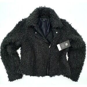 NWT ROCK & REPUBLIC Black Faux Fur Sherpa Cropped Motorcycle Jacket Women's Sz L